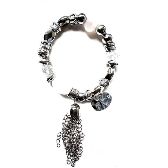 Silver Color Bracelet with Charms - Stretchable One Size Fits All Bracalet - Picture 1 of 5